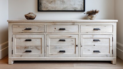 Rustic wooden dresser with drawers and doors, adorned with art