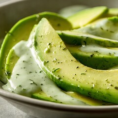 Slices of ripe avocado gently placed into a bowl of creamy ranch dressing, smooth green blending with white, fresh and appetizing close-up 