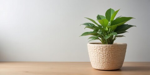 Lush green indoor potted plant in a ceramic container with white glaze and a natural fiber basket
