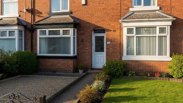 Front facade of a traditional red brick terraced house with a bay window and a small garden. English suburban home exterior with a lawn and driveway.