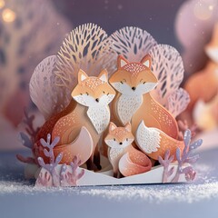 Cute paper-cut fox family in a snowy forest, soft pastel tones, multi-layer cardstock effect, visible paper edges and folds, tiny snowflakes, warm and cozy winter atmosphere 