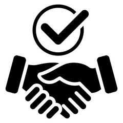 Agreement Glyph Black Silhouette Icon Design Vector - Handshake with check mark, symbolizing deal, contract, or mutual agreement