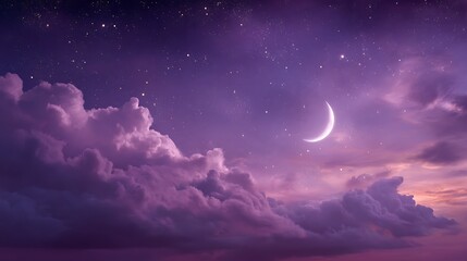 Sleepy purple evening mystical moonlight sky with clouds and stars tranquil slumber relaxing meditation cosmos background backdrop wallpaper crescent moon .