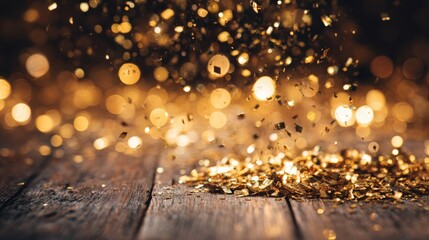 Golden Glitter Explosion: Abstract Celebration on Wooden Surface with Bokeh Lights for Festive Occasions
