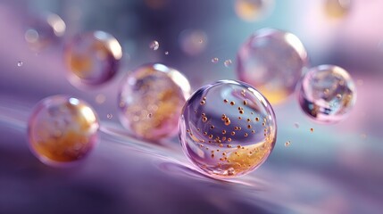 delicate floating spheres with liquid crystal texture, dreamy pastel glow, high resolution 3d abstract art 