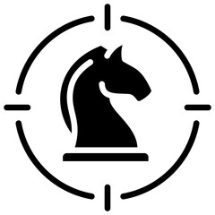 Strategic Move Glyph Black Silhouette Icon Design Vector - Chess knight inside a target scope, representing strategy, planning, or tactical decision-making