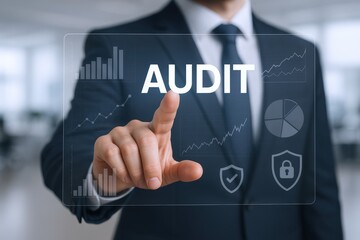 Man in Suit Touching a Digital Screen Displaying the Word Audit, with Graph Icons