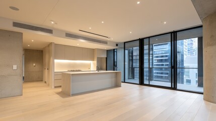 Obraz premium Modern Apartment Interior with Open Floor Plan, Kitchen Island, and City View Balcony Windows