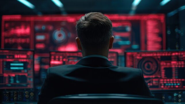 Man overseeing digital network operations from control room with multiple monitors displaying data and security information