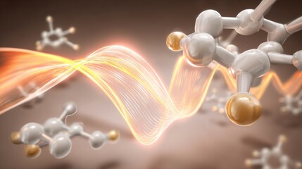 Scientific visualization of molecular structures with energy flow, organic compounds, spherical atoms, chemical bonds,