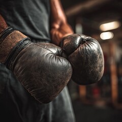 Close-up of hands tightening boxing gloves with gym equipment blurred in the background, focus on textures and details, moody lighting 