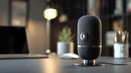 Smart microphone device in a modern workspace background concept .