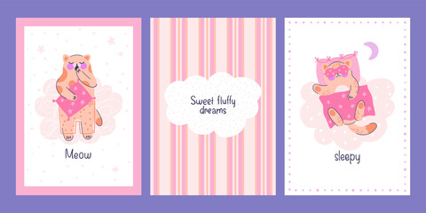 Collection posters with adorable kittens, moons, cloud, pillow.
