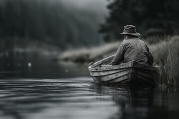 Lonely senior fisherman in a small wooden boat on a misty lake
