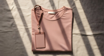 Minimalist flat lay of a folded pink t-shirt with a blank ID card for corporate branding mockup with natural sunlight shadows.
