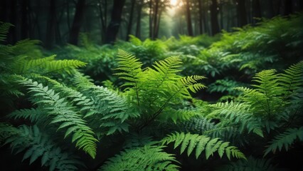 Dense forest ferns on a dark background create an atmosphere of peacefulness and seclusion in nature
