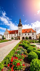 Sunlit Renaissance-style building with manicured gardens and cobblestone path