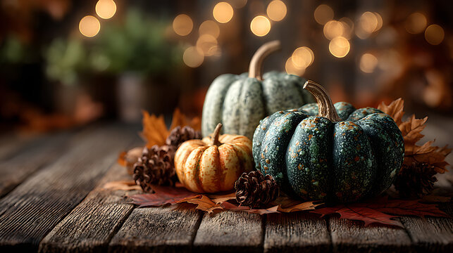Autumn background with pumpkins and leaves with bokeh on wooden floor, Thanksgiving background theme - Powered by Adobe