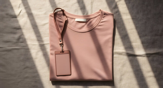 Minimalist flat lay of a folded pink t-shirt with a blank ID card for corporate branding mockup with natural sunlight shadows.