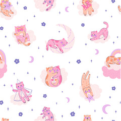 Seamless pattern with adorable magical kittens