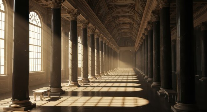 Sacred Light in a Grand Colonnade: Sunbeams Illuminate an Ancient Hall