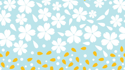 Floral pattern with white blossoms and yellow petals on a light blue background design element