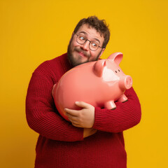 Business illustration. Young, cute, plump guy in a red sweater hugs a big piggy bank. Standing on a uniform yellow background, he is happy with his savings, his face expresses extreme satisfaction