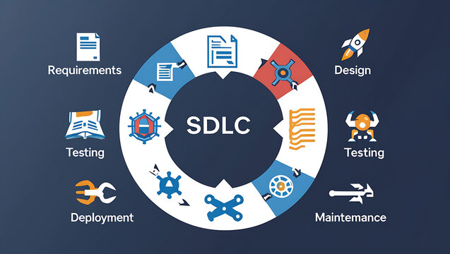 Highly Detailed Professional Visual Representation of the Software Development Life Cycle (SDLC) Showcasing All Phases Including Planning, Analysis, Design, Development, Testing, Deployment