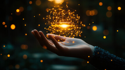 Hand holding shimmering lights representing energy and creativity in a darkened environment