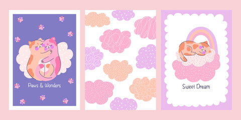 Collection posters with adorable kittens, clouds, rainbows