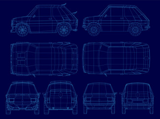 Blueprint of a car displayed as a wireframe on a blue background, highlighting the intricate design and structural components. The detailed view showcases precise shapes and dimensions of the vehicle.