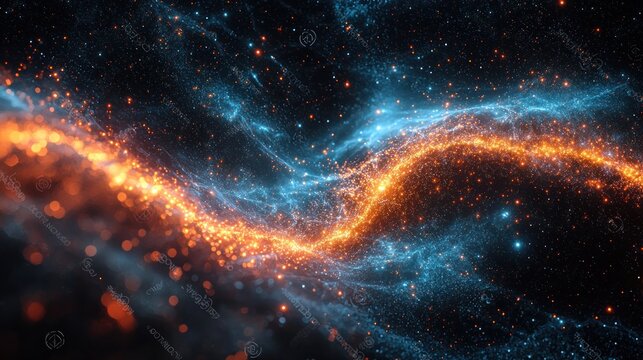 Swirling nebula with orange and blue light trails across starry space