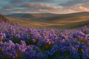 Obraz premium Beautiful Field of Purple Flowers with Rolling Hills at Sunset.