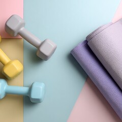 Health and fitness product promo, light-toned blank space in the top left, dynamic gym equipment like dumbbells and yoga mat on the right, pastel-colored simple background 
