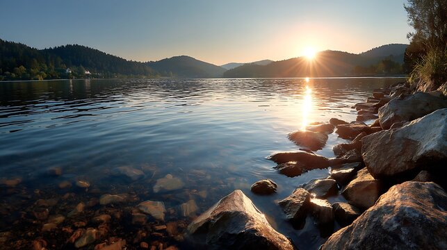 Sun sparkling on calm lake water at sunset, hills in background; nature scene for website or calendar . - Powered by Adobe