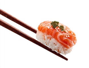 A salmon nigiri sushi piece held by chopsticks