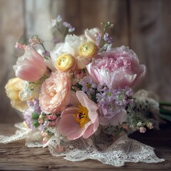 Soft pastel-colored spring flower bouquet with peonies, tulips, and ranunculus, wrapped in vintage lace fabric, lying on a rustic wooden table, gentle morning light, romantic and delicate atmosphere, 