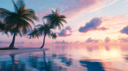 Fototapeta premium Beautiful tropical sunset over calm waters with palm trees and a boat anchored on a quiet beach