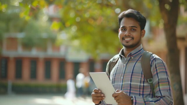 A happy young man holding an acceptance letter from a university, indicating academic achievement or scholarship opportunity. He's wearing a plaid shirt and is surrounded by trees.