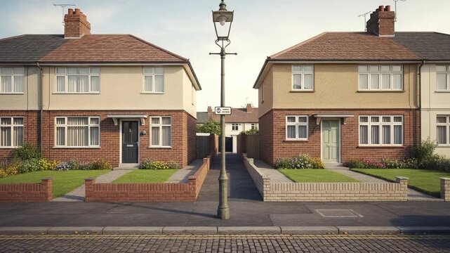 Classic British semi-detached houses on a quiet suburban street. Vintage style residential neighborhood with front gardens and a lamppost.