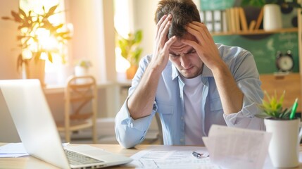 The young man is calculating household expenses and mortgage payments.