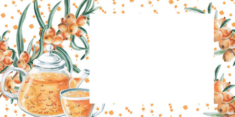 Rectangular frame with sea buckthorn branches, teapot and cup on splash background. Isolated watercolor illustration on warming tea theme for seasonal menu design, signs, postcards.