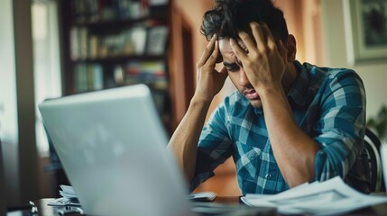 The young man is calculating household expenses and mortgage payments.