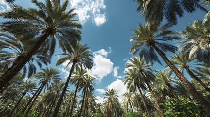 Fototapeta premium Symmetrical palm tree orchard under bright skies, a natural paradise] .