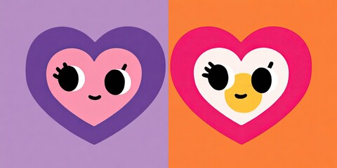 Fototapeta premium Two hearts with cute faces, one on purple, the other on orange