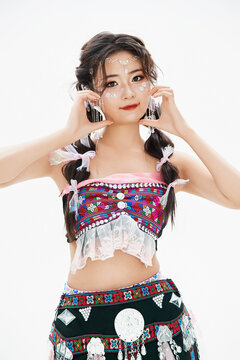 Asian women wearing Hani ethnic costumes, a minority group in China