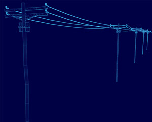 A detailed wireframe blueprint of an electrical power pole with power lines, set against a clean blue background. The technical drawing highlights structural components and wiring connections.
