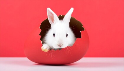 White rabbit nestled inside a cracked red egg-like shell, set against a vivid red background.