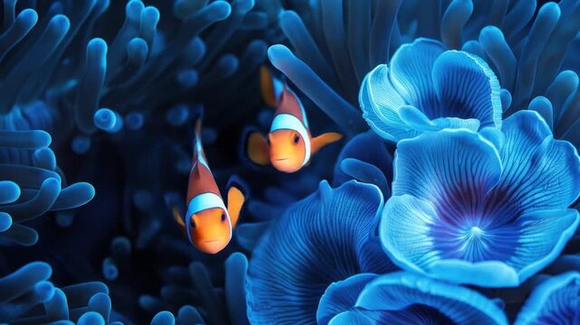 Playful Clownfish Duo Sheltered in Glowing Blue Sea Anemone with Underwater Scene.