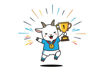 A joyful cartoon goat character celebrates a victorious achievement holding a golden trophy aloft with a medal